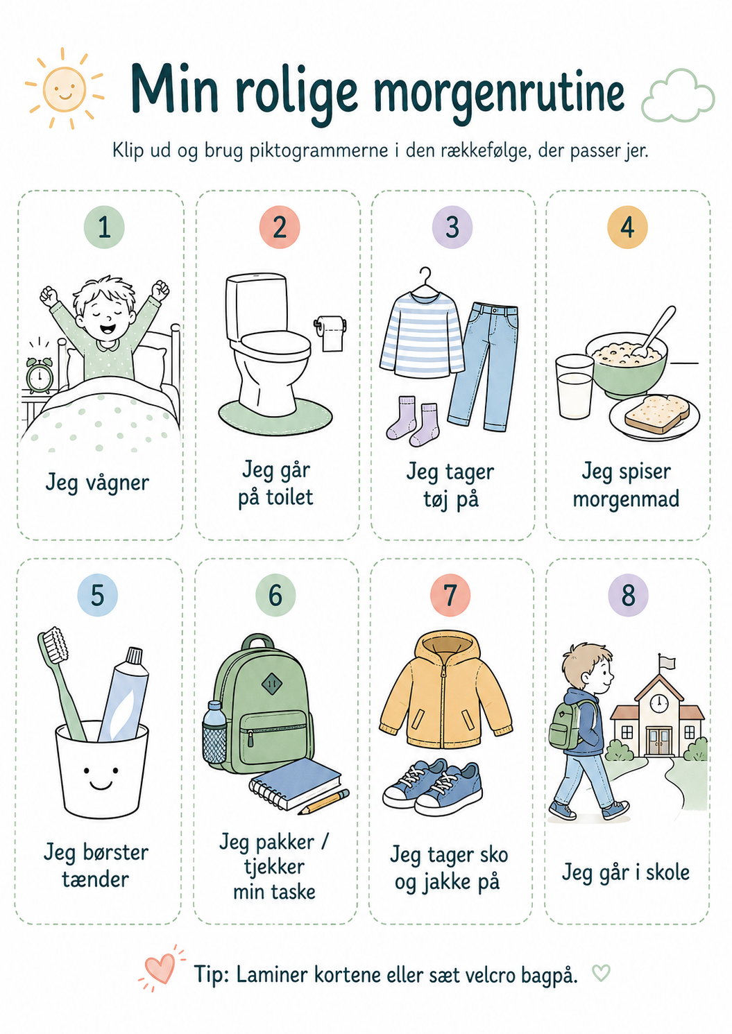 Min rolige morgenrutine – piktogrammer til udskrift